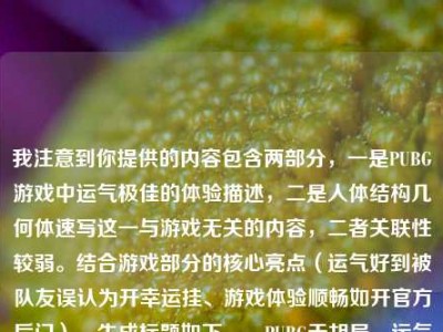 我注意到你提供的内容包含两部分，一是PUBG游戏中运气极佳的体验描述，二是人体结构几何体速写这一与游戏无关的内容，二者关联性较弱。结合游戏部分的核心亮点（运气好到被队友误认为开幸运挂、游戏体验顺畅如开官方后门），生成标题如下，，PUBG天胡局，运气好到被队友质疑开幸运挂，全程顺畅宛如走官方后门