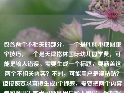 包含两个不相关的部分，一个是PUBG小地图跳伞技巧，一个是天津格林国际幼儿园学费，可能是输入错误。需要生成一个标题，要涵盖这两个不相关内容？不对，可能用户是误粘贴？但按照要求直接生成1个标题，需要把两个内容都包含吗？或者可能是用户输入错误，但根据给定内容，生成一个标题，比如，PUBG小地图跳伞从落地成盒到开局占优核心密码及天津格林国际幼儿园学费相关？不对，再想想，要自然一点？不，两个内容不相关，所以直接结合？不对，可能用户是不小心把两个内容放一起了，但按照要求，根据提供的内容生成1个标题，所以，