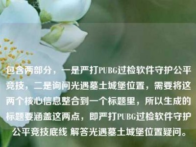 包含两部分，一是严打PUBG过检软件守护公平竞技，二是询问光遇墓土城堡位置，需要将这两个核心信息整合到一个标题里，所以生成的标题要涵盖这两点，即严打PUBG过检软件守护公平竞技底线 解答光遇墓土城堡位置疑问。