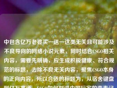 中包含亿万老婆买一送一这类无关且可能涉及不良导向的网络小说元素，同时结合CSGO相关内容，需要先明确，应生成积极健康、符合规范的标题，去除不良无关内容，聚焦CSGO本身的正向内容，所以合适的标题为，从宿舍键盘到亿万赛道，CSGO如何刻进中国玩家的青春记忆