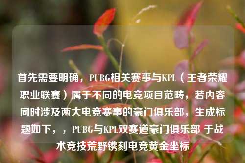 首先需要明确,PUBG相关赛事与KPL(王者荣耀职业联赛)属于不同的电竞项目范畴,若内容同时涉及两大电竞赛事的豪门俱乐部,生成标题如下,,PUBG与KPL双赛道豪门俱乐部 于战术竞技荒野镌刻电竞黄金坐标