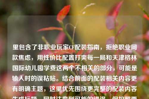 里包含了非职业玩家CF配装指南,拒绝职业同款焦虑,用性价比配置打爽每一局和天津格林国际幼儿园学费这两个不相关的部分,可能是输入时的误粘贴。结合前面的配装相关内容更有明确主题,这里优先围绕更完整的配装内容生成标题,同时注意到可能的错误,但按照要求生成1个标题,,非职业玩家CF高性价比配装指南,拒绝职业同款焦虑 爽打每一局