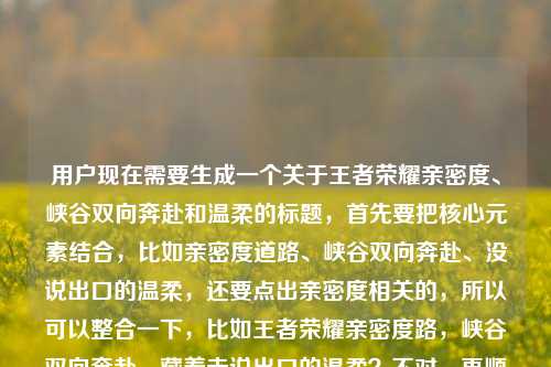 用户现在需要生成一个关于王者荣耀亲密度、峡谷双向奔赴和温柔的标题,首先要把核心元素结合,比如亲密度道路、峡谷双向奔赴、没说出口的温柔,还要点出亲密度相关的,所以可以整合一下,比如王者荣耀亲密度路,峡谷双向奔赴,藏着未说出口的温柔?不对,再顺一点,应该更有感觉,比如王者亲密度之路,峡谷里的双向奔赴,藏着我们没说出口的温柔?对,这个既点了王者(王者荣耀)的亲密度道路,又有峡谷双向奔赴,还有没说出口的温柔,符合内容,而且是一个标题。等下,用户原文里有亲密度道路增加亲密度道路?不对,核心是亲密度承载的双向奔赴和温柔,所以调整得更流畅,王者亲密度之路,峡谷双向奔赴,藏着我们没说出口的温柔?不对,要不要更贴合?哦,对,把王者荣耀带上?不,王者大家都知道,不过也可以明确,比如王者荣耀亲密度路,峡谷里的双向奔赴,藏着未说出口的温柔?不对,再自然点,王者荣耀亲密度之路,峡谷双向奔赴,藏着我们没说出口的温柔,对,这个就可以,涵盖了所有核心元素,王者荣耀的亲密度道路(之路更顺),峡谷的双向奔赴,还有没说出口的温柔,符合内容要求,而且是一个标题。王者荣耀亲密度之路,峡谷里的双向奔赴,藏着我们没说出口的温柔