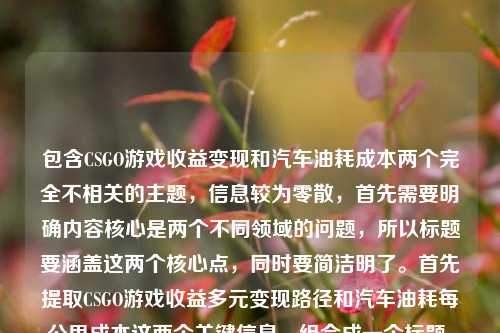包含CSGO游戏收益变现和汽车油耗成本两个完全不相关的主题，信息较为零散，首先需要明确内容核心是两个不同领域的问题，所以标题要涵盖这两个核心点，同时要简洁明了。首先提取CSGO游戏收益多元变现路径和汽车油耗每公里成本这两个关键信息，组合成一个标题，确保两个主题都体现，符合用户只要1个标题的要求。，CSGO游戏收益多元变现路径解析与14油耗车辆每公里成本测算