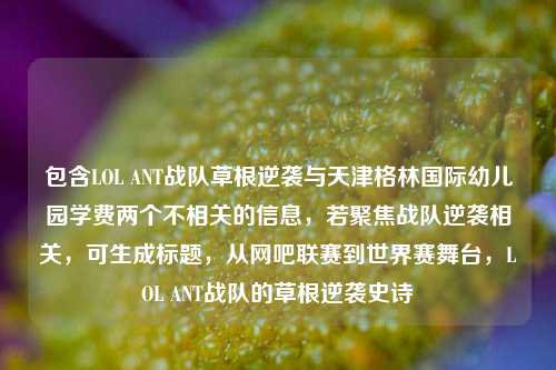 包含LOL ANT战队草根逆袭与天津格林国际幼儿园学费两个不相关的信息,若聚焦战队逆袭相关,可生成标题,从网吧联赛到世界赛舞台,LOL ANT战队的草根逆袭史诗