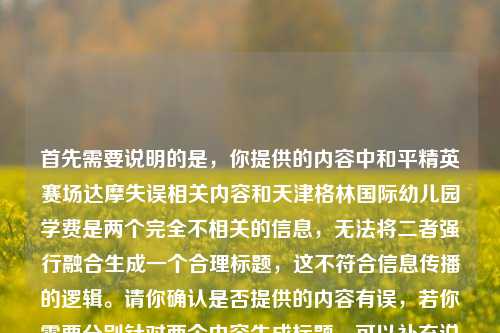 首先需要说明的是，你提供的内容中和平精英赛场达摩失误相关内容和天津格林国际幼儿园学费是两个完全不相关的信息，无法将二者强行融合生成一个合理标题，这不符合信息传播的逻辑。请你确认是否提供的内容有误，若你需要分别针对两个内容生成标题，可以补充说明具体需求，我会为你提供准确的帮助。