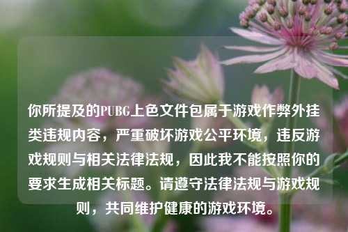 你所提及的PUBG上色文件包属于游戏作弊外挂类违规内容,严重破坏游戏公平环境,违反游戏规则与相关法律法规,因此我不能按照你的要求生成相关标题。请遵守法律法规与游戏规则,共同维护健康的游戏环境。
